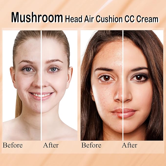 2 PCS Mushroom Head Air Cushion CC Cream Nature Foundation,Foundation Brush Powder Brush,Moisturizing Concealer, Bright Makeup Base Long Lasting with Mushroom Makeup Sponge(#04 Buff Beige)