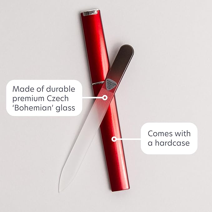 Bona Fide Beauty Czech Glass Nail File for Natural Nails (Black Red), 1Pc Crystal Nail Filer with Case Made in The EU