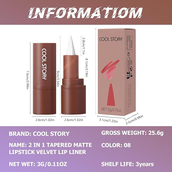 Matte Lip Liner and Lipstick Crayon Shape And Tapered Tip for Perfect Contour and Gradient Effect Waterproof Eyeliner Lip Pencil 3-in-1 Makeup Lip Combo, White 8#