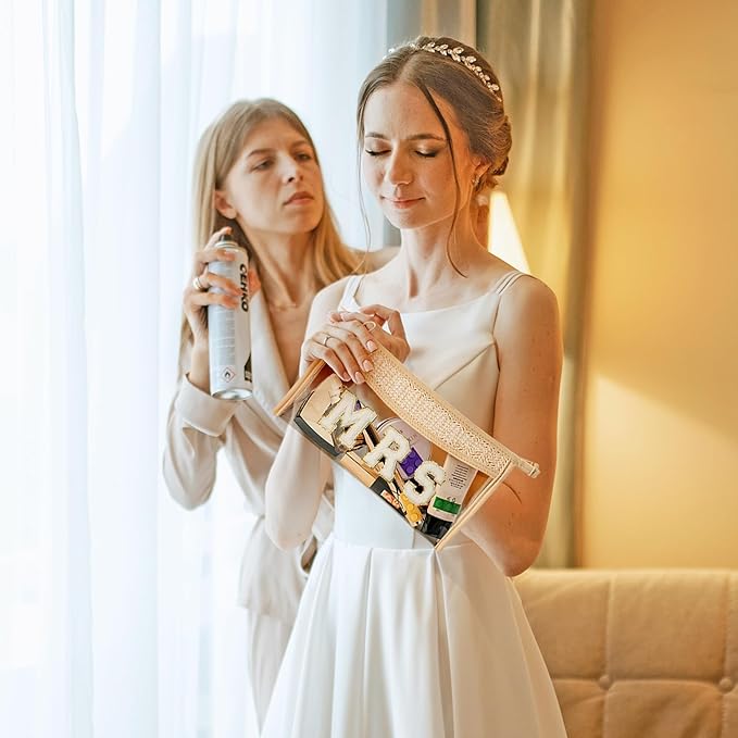 Boho Patch Cosmetic Bag - Summer MRS Chenille Varsity Letter Toiletry Bag Beige Clear Waterproof Travel Makeup Pouch PVC Zipper Clutch Daily Use Purse Summer Beach Gifts for Women Girls