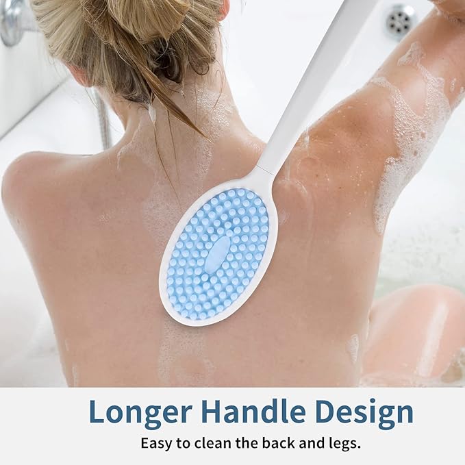 2-in-1 Silicone Body Brush with Detachable Long Handle, Double-Sided Back Scrubber for Bath with Hook, Rich Foam for Deep Cleansing and Exfoliating(Blue/Round)