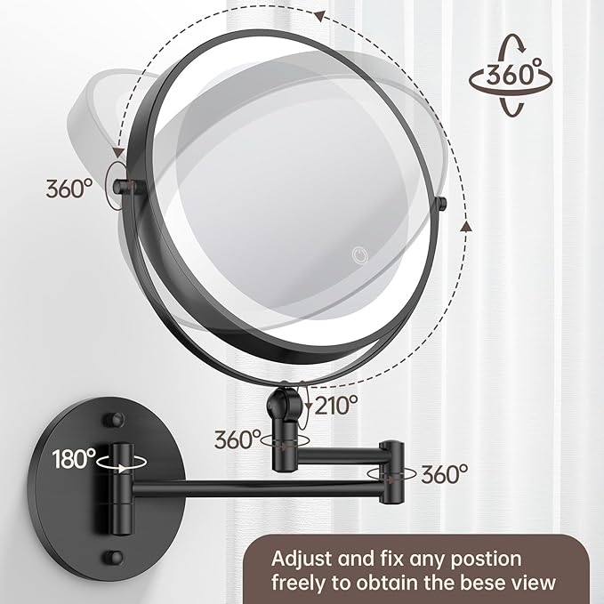 9" Wall Mounted Makeup Mirror with Lights, 4000mAh Rechargeable 1X/10X Wall Mounted Magnifying Mirror for Bathroom, 3 Color Lighting,Touch Screen Dimming,Extended Arm 360 Rotation Wall Mount Mirror B