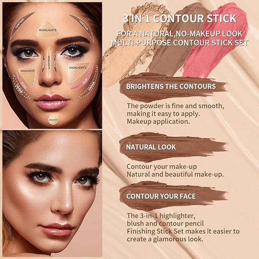 3Pcs Cream Contour Sticks Kit, Highlighter Stick Blush Stick Cream Contour Kit Makeup Set with Brush,Face Brightens & Shades Contour Stick Waterproof for Women Girls(9507-03-06-11, B)