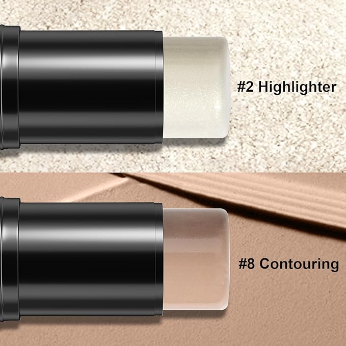 2Pcs Cream Contour and Highlighter Kit, Longwear Waterproof Formula for Brightening and Trimming Cheeks, Makeup Brush Included (#02, 08)