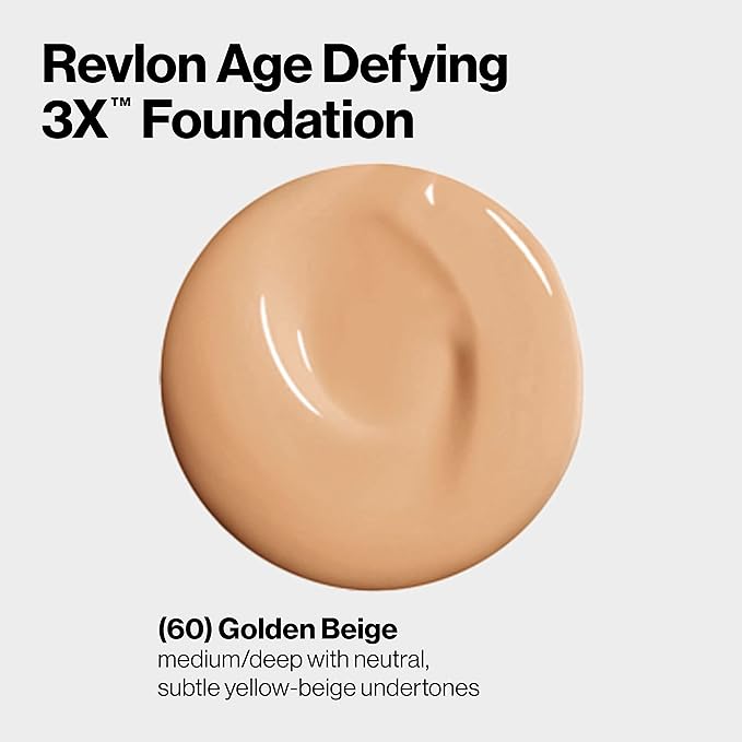 Revlon Age Defying 3X Makeup Foundation, Firming, Lifting and Anti-Aging Medium, Buildable Coverage with Natural Finish SPF 20, 060 Golden Beige, 1 fl oz