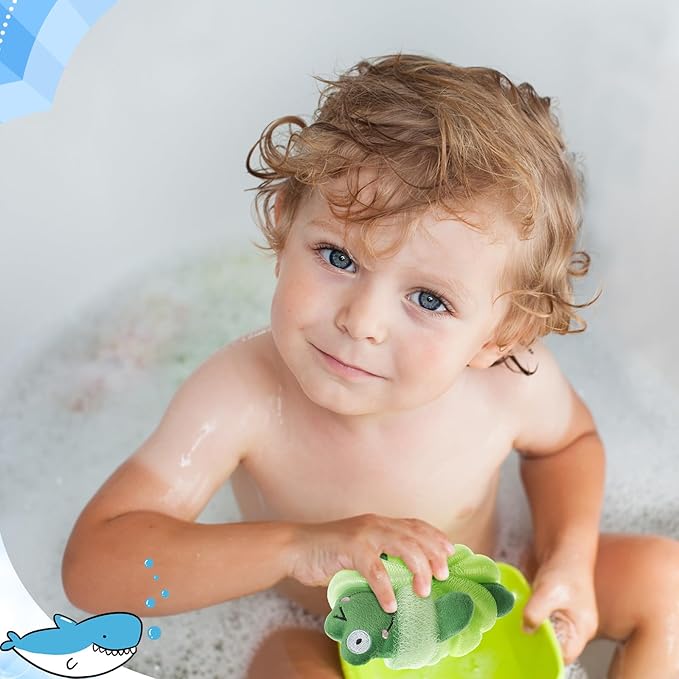 Nuenen 2 Pcs Bath Loofahs Kids Toddler Cute Cartoon Bath Sponges Loofah Pouf Body Scrubber Mesh Sponges for Children Shower Washing Exfoliating(Shark, Frog)