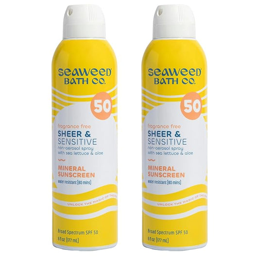 Seaweed Bath Co. Sheer Mineral Sensitive SPF 50 Broad Spectrum Sunscreen Spray, 6 Ounce (Pack of 2), Fragrance Free, Sustainably Harvested Seaweed, Sea Lettuce, Aloe