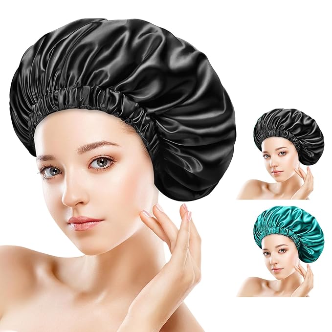 2PCS Silk Sleeping Bonnet，Double Layer Satin Bonnet for Women，Adjustable Silk Hair Cap, Shower Cap, Ideal Gift (Black+Blue)
