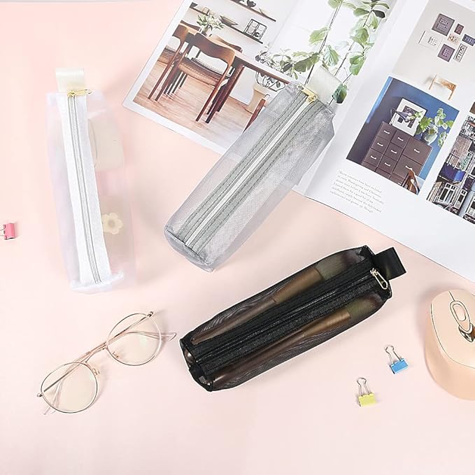 Mesh Makeup Brush Bag, 3Pcs Mesh Cosmetic Bag, Portable Travel Cosmetic Pouches for Makeup Brushes, Small Items, and Purse Organization，Pencil Pouch