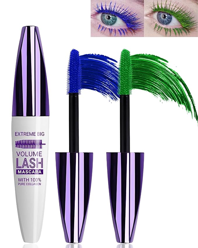 5D Blue Green Colored Mascara for Eyelashes-2 Colors Longlasting Waterproof Mascara Volume and Length,Curling Fiber rimel de pestañas,Women's Day Eye Makeup Gift for Women Girl Cosplay Party Stage Use