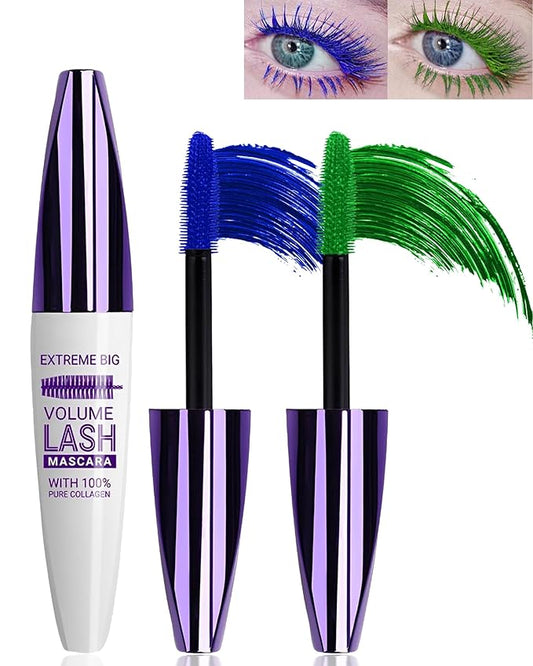 5D Blue Green Colored Mascara for Eyelashes-2 Colors Longlasting Waterproof Mascara Volume and Length,Curling Fiber rimel de pestañas,Women's Day Eye Makeup Gift for Women Girl Cosplay Party Stage Use