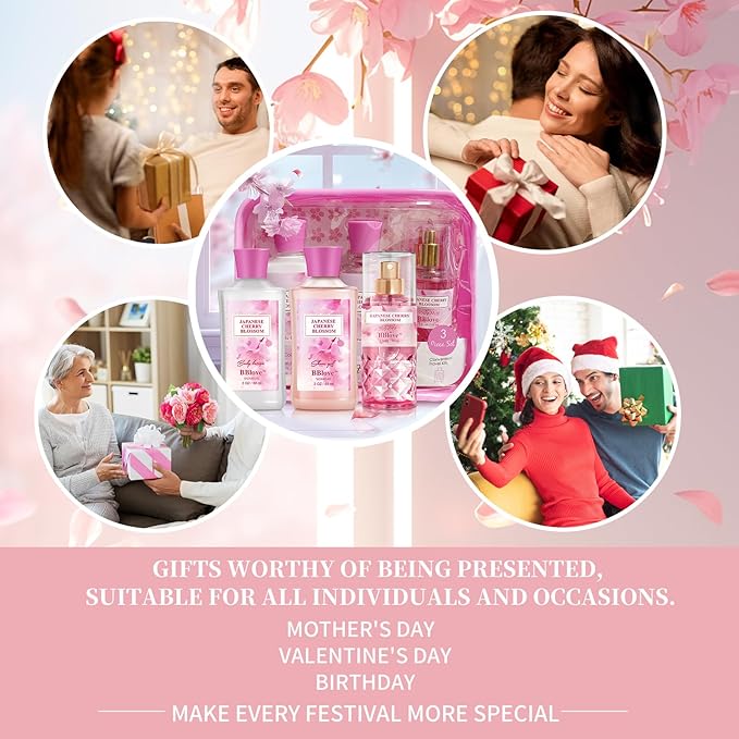 Bath and Body Gift Set for Women & Girls, Japanese Cherry Blossom, 3PCS Set for - Shower Gel, Body Lotion, Body Mist, Body Care Travel Set