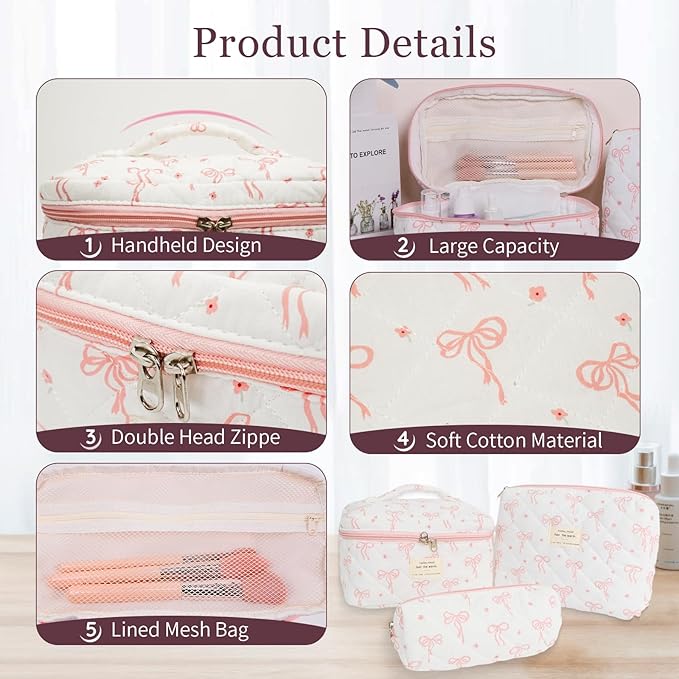 3Pcs Cotton Quilted Makeup Bag Set,Large Floral Cosmetic Bag,Aesthetic Toiletry Travel Makeup Bag Set and Cute Flower Bag for Women Girls (Flower Bow)