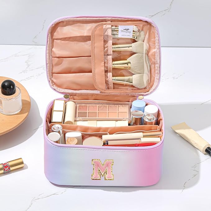 Meiyuuo Large Makeup Bag Cute Travel Pro Cosmetic Bags Personalized Chenille Letter Bag Travel Toiletry Organizer for Women Teen Girls Gifts for Her Preppy Rainbow Pink M
