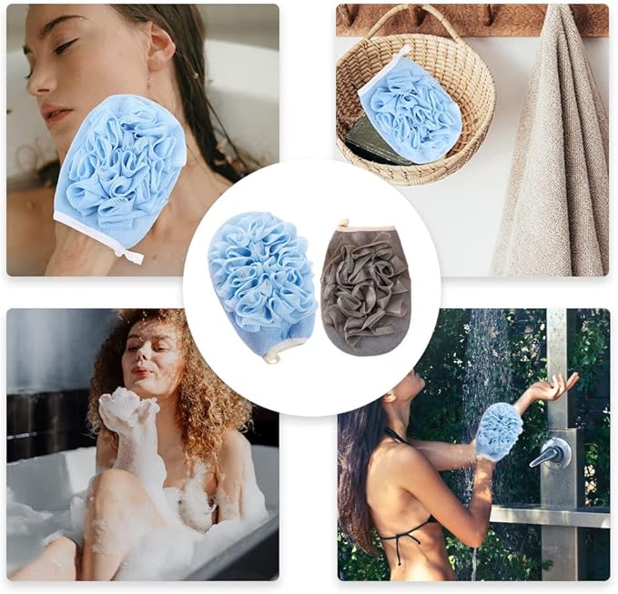 2 Pcs Bath Shower Pouf Sponge Loofah Sponge Shower Loofah 2 in 1 Exfoliating Mesh Pouf Sponge Loofah Bath Glove with Elastic Hand Strap for Women Men Kid Bathroom