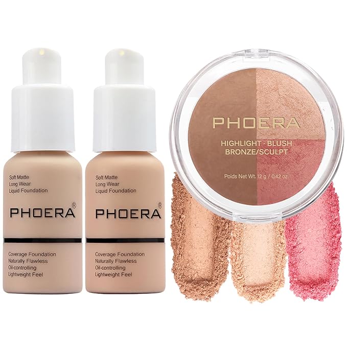 PHOERA Foundation, PHOERA Contour Palette,Shades with Highlighter & Bronzer & Blush,PHOERA Makeup Lightweight Long Lasting Wrinkles Matte Natural Finish (102+103+ #002 Contour/Nude+Warm peach+#002)