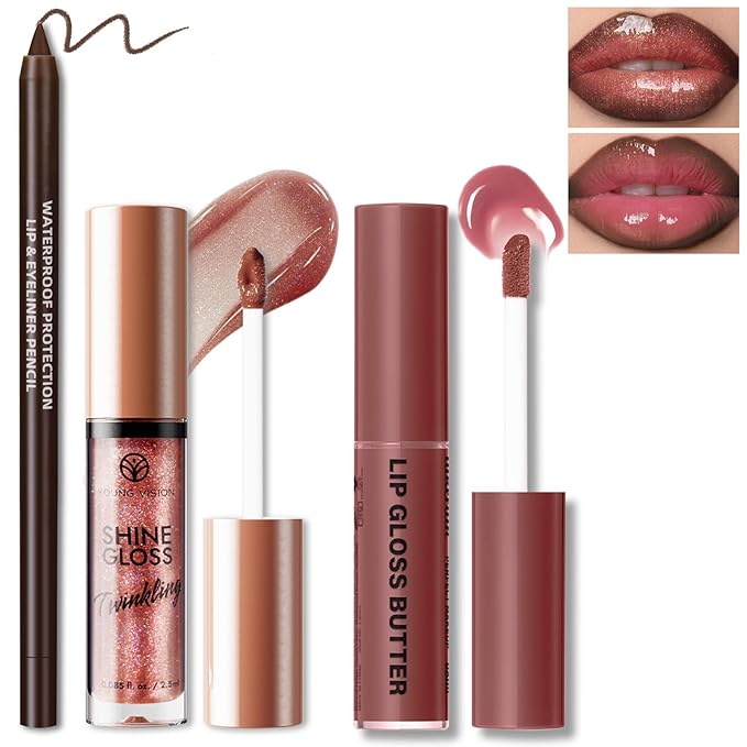 2 Color Nourishing Lip Gloss Brown Liner Combo, Hydration Plumping Glitter Lip Glow Oil Set for Women, Moisturizing Lightweight Long Lasting High Shine Lip Tint, Mini Liquid Lipstick Makeup