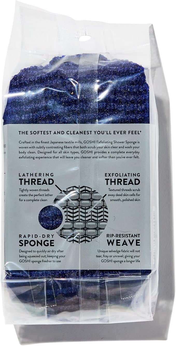 GOSHI Exfoliating Shower Sponge - Rip-Resistant, Rapid-Drying Exfoliating Bath Sponge for All Skin Types - Indigo Blue - Made in Japan
