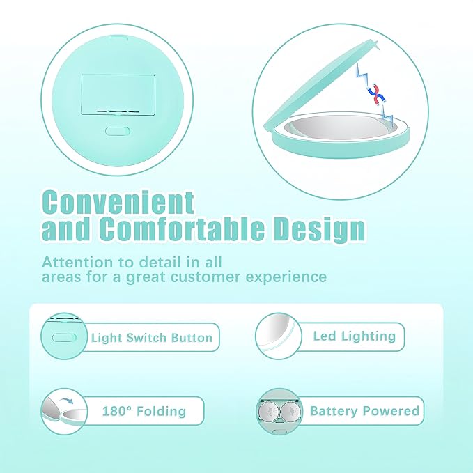 Mini Mirror with Lights,1X/10X Magnification LED Compact Mirror with Nternal BIattery,Mint Green Travel Mirror for Purse, Pocket,Travel and Present