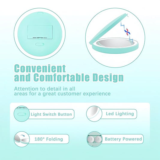 Mini Mirror with Lights,1X/10X Magnification LED Compact Mirror with Nternal BIattery,Mint Green Travel Mirror for Purse, Pocket,Travel and Present