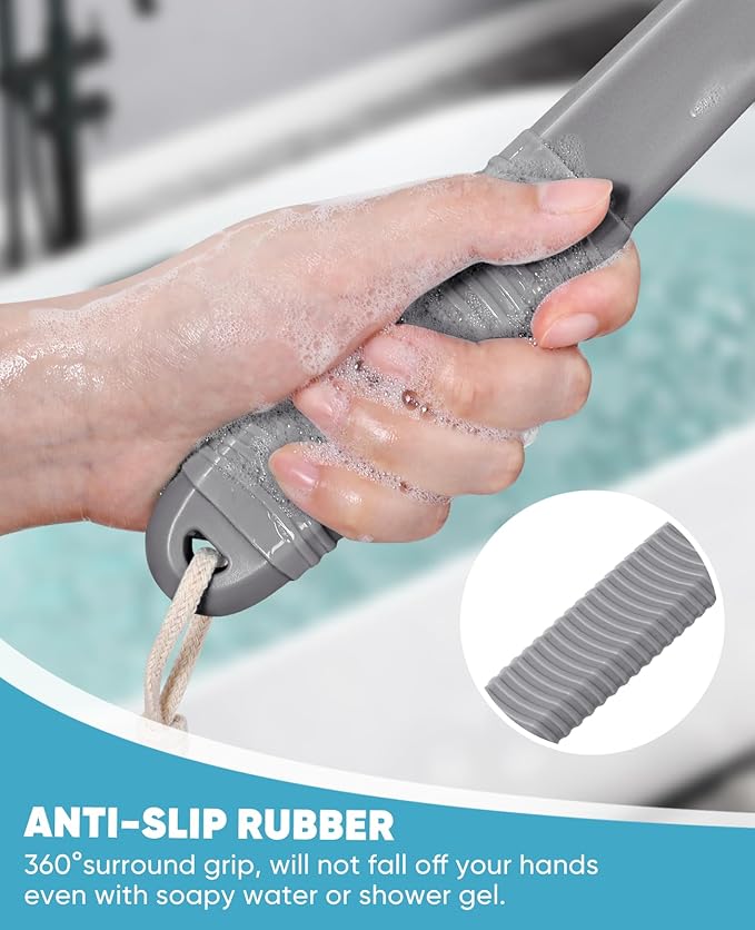 Back Scrubber for Shower with 17" Long Handle, Non-Slip Grip Shower Brush, Moderate Bristles Body Brush for Gentle Exfoliation, Back Brush for Shower Men & Women – Grey