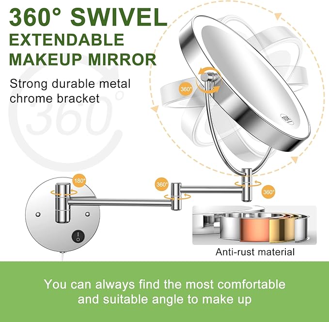 Anfauny 9 Inch Wall Mounted Lighted Makeup Mirror, Double Sided 1X/10X Magnifying LED Vanity Mirror with 3 Color Lights & Stepless Dimming, 360°Swivel Extendable Bathroom Cosmetic Mirror-Chrome