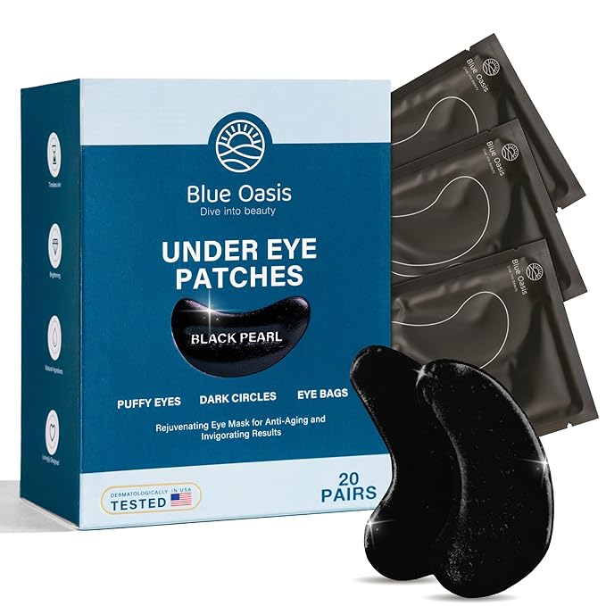 Blue Oasis Under Eye Patches for Puffy Eyes and Dark Circles - 20 Pairs Brightening Black Pearl, Hyaluronic Acid and Collagen Eye Care Gel Pads, Relaxing Self Care and Home Spa Gifts for Women