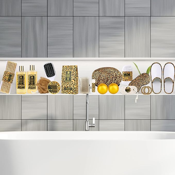 Bath Gift Set for Women, XXL 20 Pcs Skin Care Set Leopard Print Spa Gifts for Birthday, Mother's Day, Valentine's Day, Christmas, Home Spa Kits with Shower Gel, Body Lotion, Shower Cap, Manicure Set