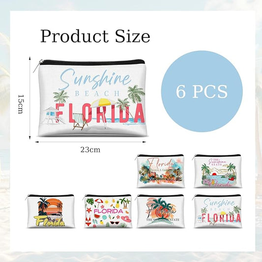 6 Pcs Florida Tourist Commemorative Makeup Bags Florida Gifts for Women Friends Traveler Cosmetic Bag Zipper Pouch for Women Traveler Party Favors