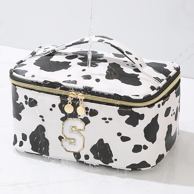 Meiyuuo Large Personalized Makeup Bag for Teen Girls Gifts Cute Cosmetics Bags Chenille Letter Bag Travel Pro Pouch Toiletry Organizer for Women Monogram Cow Print S