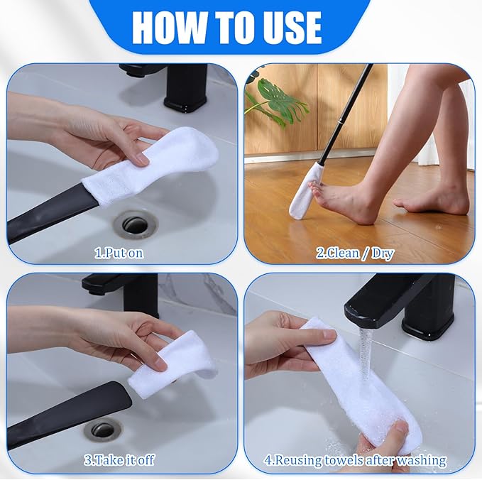 Sunnyray 2 Set Toe Cleaning Brush with Reusable Drying Covers Foot Cleaner with Telescopic Aluminum Alloy 12-24 Inch Long Handled Toe Lotion Applicator for Seniors Elderly Disabled Men and Women