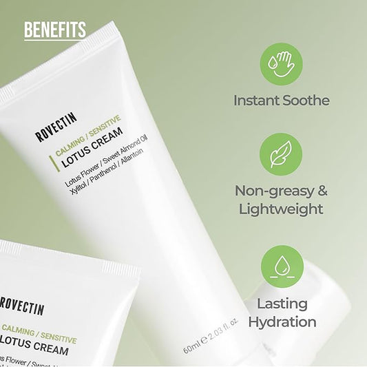ROVECTIN Calming Lotus Water Cream - Lightweight Face Moisturizer for Oily, Combination Skin | 75% Lotus Water Extract For Skin Purifying, Anti-Aging | Vegan Korean Skincare (2.03 fl.oz) [2 Pack]