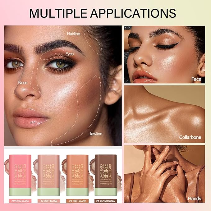 Mysense Cream Bronzer Stick, Shimmer Face Highlighter Stick, Buildable Highlight Contour Stick Makeup, Silky Smooth Formula for A Natural Radiant Look, 02 Soft Glow