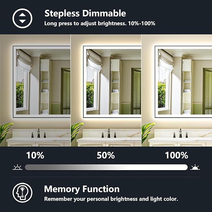 60x40 Inch LED Bathroom Mirror with Lights (Front Lit and Backlit) Black Framed Lighted Vanity Mirror for Bathroom Wall Dimmable Anti-Fog Memory Tempered Glass Horizontal/Vertical