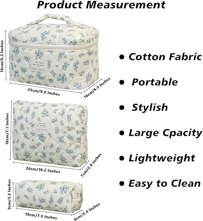 3 PCS Cosmetic Bag, Quilted Makeup Bag Set, Large Floral Cotton Make Up Bag for Women, Flower Travel Toiletry Organizer Bag, Coquette Makeup Pouch (Blue Flower)