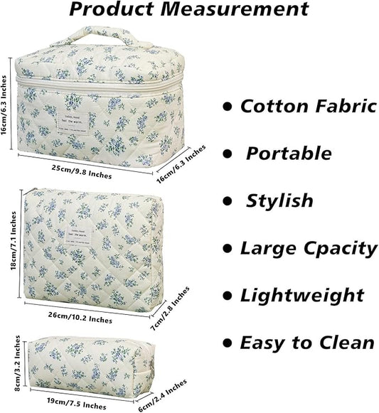 3 PCS Cosmetic Bag, Quilted Makeup Bag Set, Large Floral Cotton Make Up Bag for Women, Flower Travel Toiletry Organizer Bag, Coquette Makeup Pouch (Blue Flower)