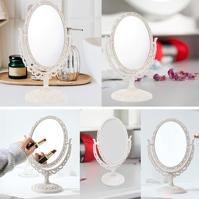 AKOAK 1 Pack Desktop Makeup Mirror, Oval Desk Makeup Mirror, Double-Sided 360-degree Rotating Makeup Mirror Bathroom Bedroom Makeup Mirror, Travel Mirror Suitable for Women (Beige)