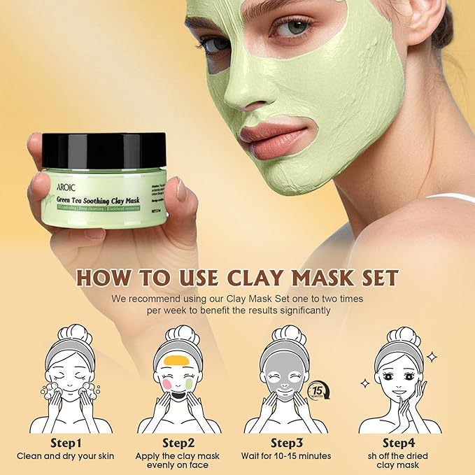 4 Pack Clay Mask, Vitamin C Turmeric Dead Sea Mud Facial Mask, Rose, Green Tea Clay Masque Set - Weekly Self Care Spa Gift for Women and Men, Skincare for Deep Cleansing Pore Minimizing Face Treatment