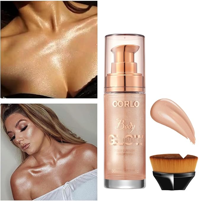 Body Shimmer Oil Liquid Glitter Face Luminizer Glow Highlighter Waterproof Long Lasting Moisturizing Luminizer FaceProm Party Makeup Brush Include(Rose Gold, Body Oil)