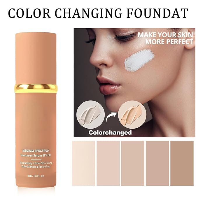 Foundation 4 in 1 - Medium Spectrum with SPF 50+ Inspired, Hydrating Color Changing Foundation Makeup Liquid - Longwearing & Waterproof for Sport, Dancing (Natural Color)