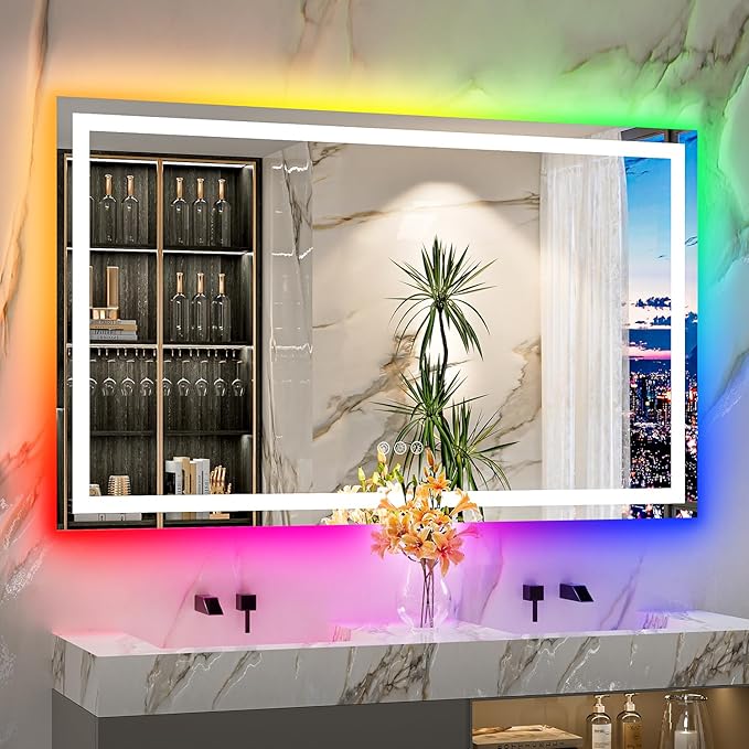 60x36 Inch RGB LED Bathroom Mirror Front Light and RGB Backlit Lighted Vanity Mirror for Bathroom Wall Mounted Dimmable Anti Fog Memory Shatter-Proof IP54 Waterproof Horizontal/Vertical