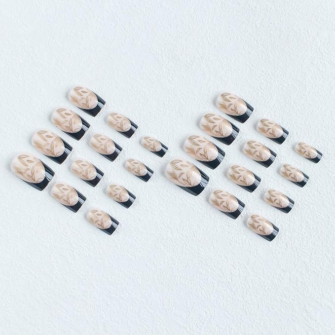 Black French Tip Press on Nails Medium Square Fake Acrylic False Nails With Gold Leaf Designs Glossy Artificial Luxury Stick on for Women 24Pcs