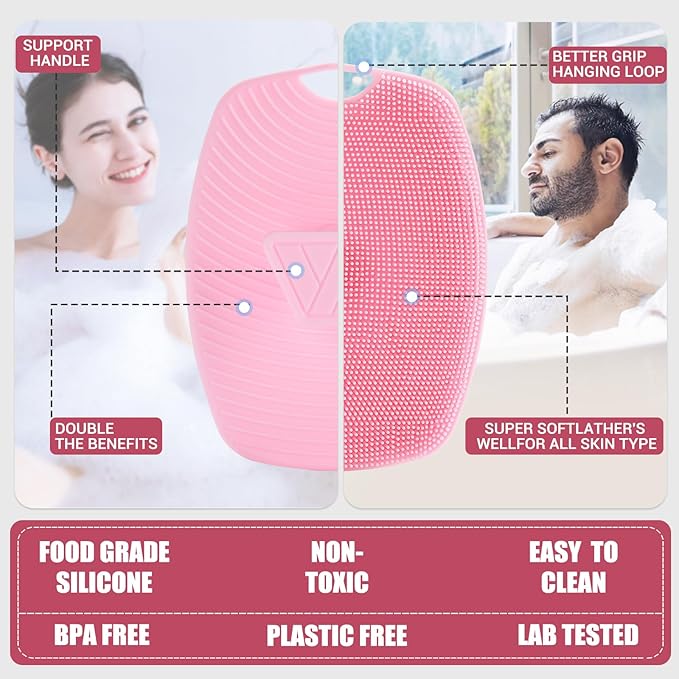 Silicone Body Scrubber - Zinc Infused-Highly Elastic Bristles Exfoliating Body Scrubber for Shower Body,Cellulite Reduction,Blood Circulation - Pink