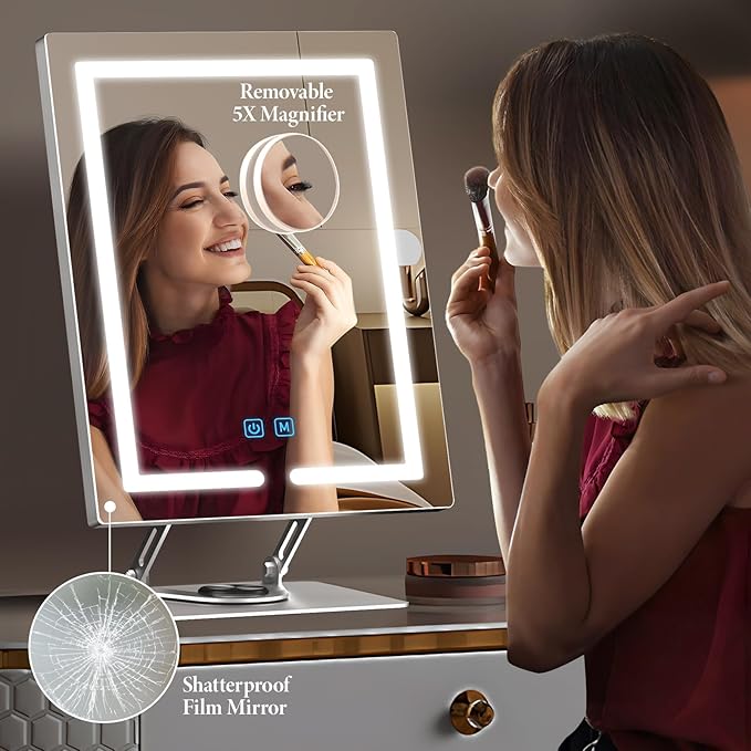 Makeup Mirror with Lights and 5X Magnification, 360°Rotation Lighted Makeup Mirror, Free Adjustable Angle and Height, Mirror with Lighting with Smart Touch for Bedroom Tabletop, Gift for Women