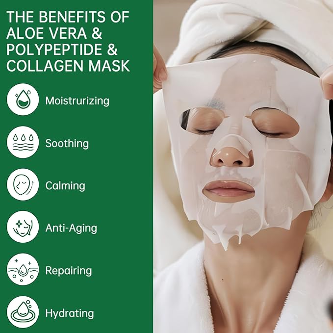 Pack of 20 Collagen Face Mask, Aloe Vera Polypeptide Collagen Facial Masks Skincare, Moisturizing Facial Sheet Mask for Acne, After Sun, Claming, Anti-Aging and Anti-Wrinkle