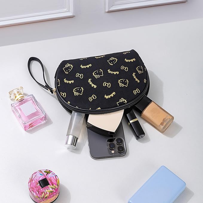 AmBealla Small Cosmetic Bag Portable Storage Bag for Women,Cute Compact Travel Makeup Bag for Keys and Phone, Black Hot Stamping Pattern Cotton Organizer with Wristband,Portable Mini Bag for Girls