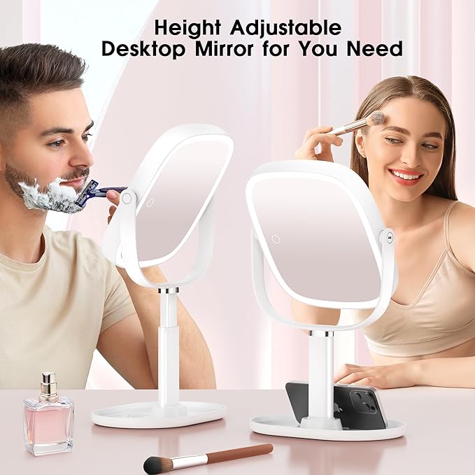 Makeup Vanity Mirror with Lights - 10x/1x Magnifying Mirror with Light, Rechargeable Desk Mirror with 3-Color Lighting & Memory Function, 360° Adjustable Table Mirror, Gift for Women (White)