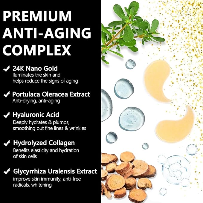 24K Gold Under Eye Patches - 60 Pcs Eye Masks for Dark Circles Puffiness - Skin Care with Collagen Hyaluronic Acid - Anti-Aging & Rejuvenating Hydrogel Eye Patch