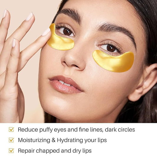 40 Pairs 24K Gold Eye Masks & Lip Masks, Crystal Collagen Under Eye Patches for Puffy Eye, Moisturizing Skin Care Lip Eyes Patches for Dark Circles, Wrinkles and Fine Lines (gold and pink)