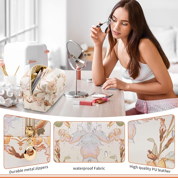 Makeup Bags for Women, Small Leather Cosmetic Bag for Purse, Floral Waterproof Make up Pouch Organizer, Zipper Portable Storage Travel Toiletry Bag Gifts(Apricot Flower)